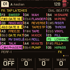 The FX menu, with Gate 1/8 and Low-pass latched