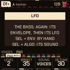 Help card for the LFO button, which also says how to play the bass