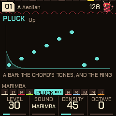 The Pluck page draws its decay and the line it plays over a bar